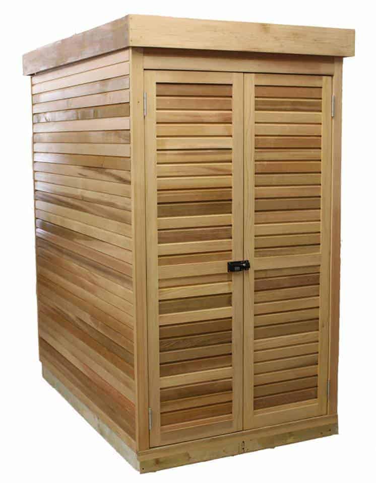 A garden shed made from red cedar wood