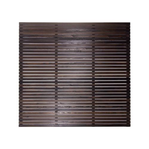 A horizontal slatted fence panel made from Siberian larch with a scorched (burnt Larch) finish
