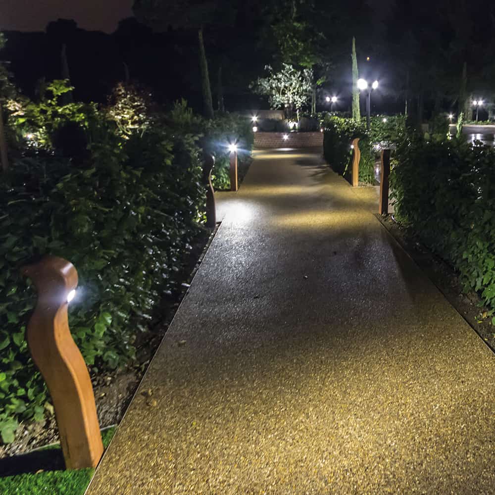Cedar Bollard lights along a garden pathway
