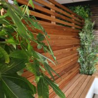 Contemporary slatted Venetian privacy fencing with gaps only available on a few of the top battens. If you want Venetian fencing but with a bit more style, we recommend this.