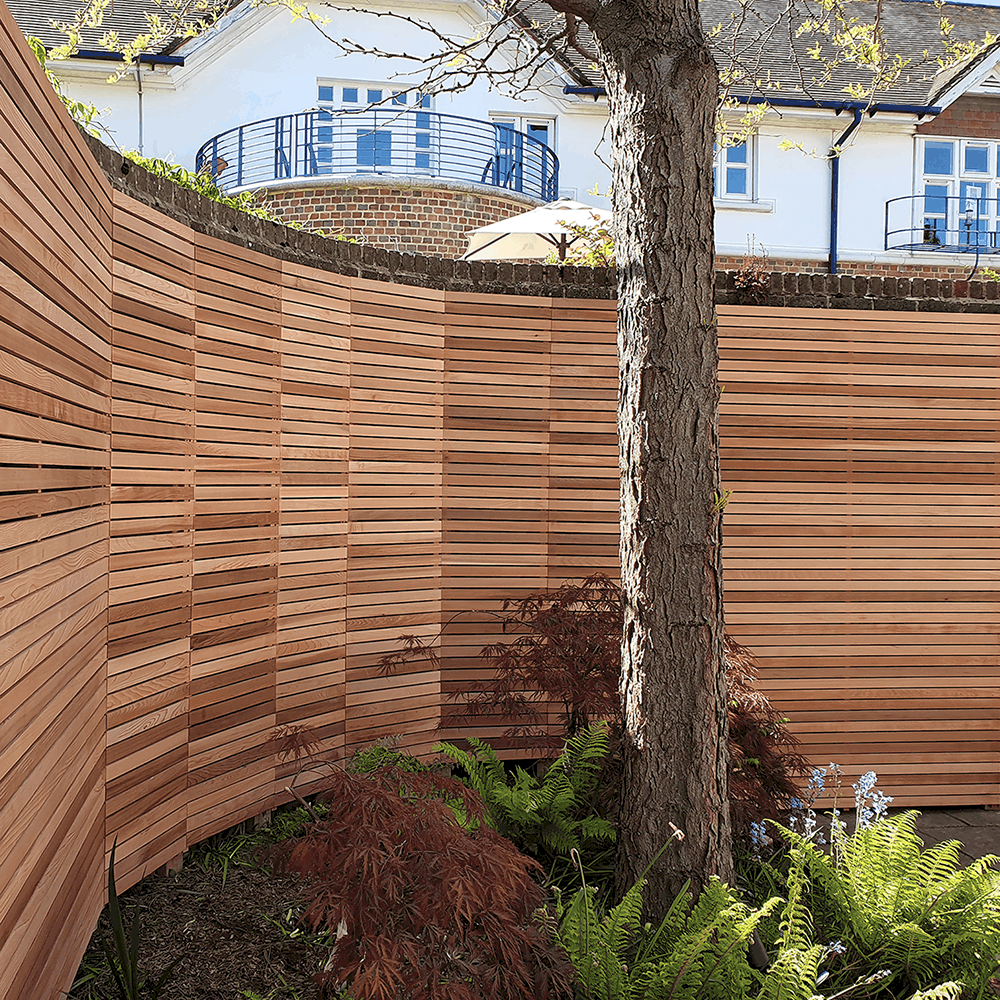 Cequence Red Canadian Cedar Slatted Fence Panel. Made with batten sizes available of 1m, 1.5m, 1.83m and 2.13