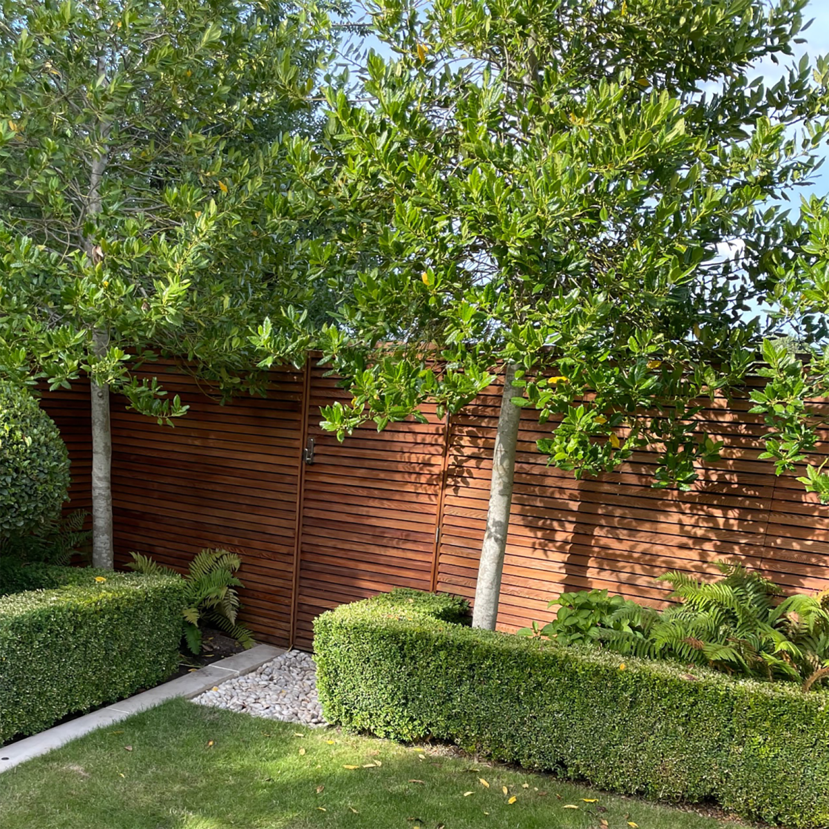 A bright red Cedar slatted gate contrasted with the calm hues of greenery.
