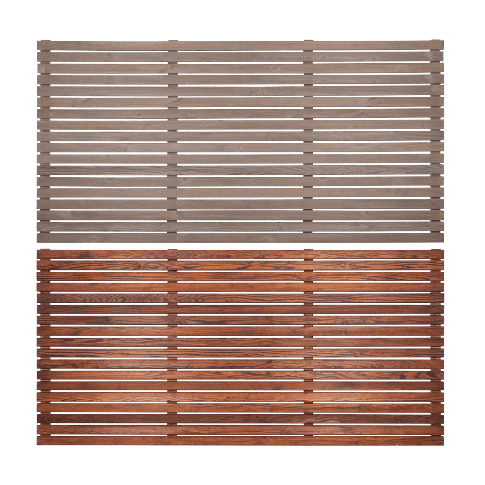 Colourguard slatted fencing panels in driftwood grey and warm teak colour