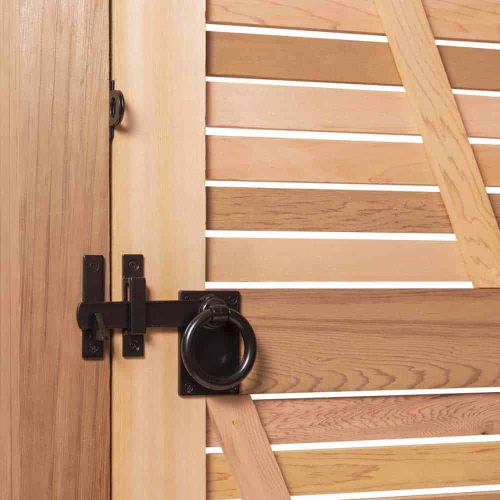 contemporary ring gate latch on a cedar gate