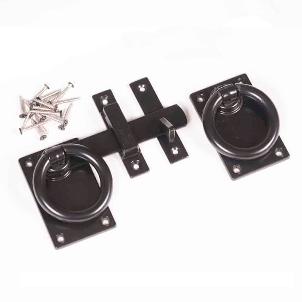 gate latch ring set showing all the parts. a powder coated black latch for garden gates.