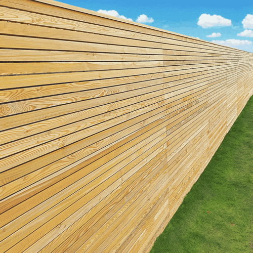 Larch slatted fence panel in a modern garden.