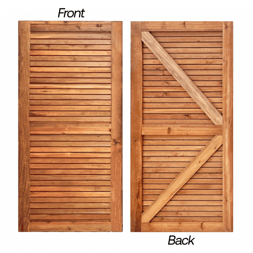 Venetian hit and miss gate in Redwood. the view of the front and rear of our most popular gate.