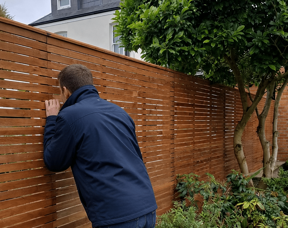 Can this man see through the gaps in slatted fencing?