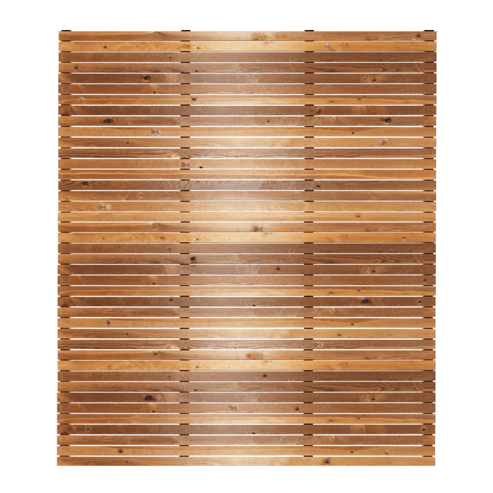 Horizontal slatted redwood fence panel with a natural timber finish.