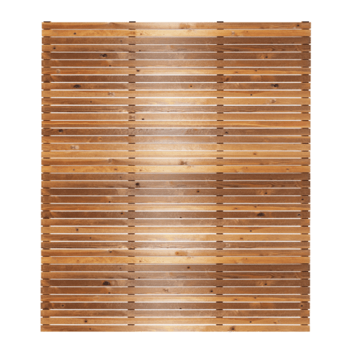 Horizontal slatted redwood fence panel with a natural timber finish.